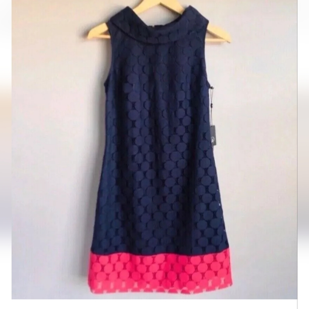 Adrianna Papell Size 14 Navy Blue & Coral Pink Dot Sheath Mod Dress